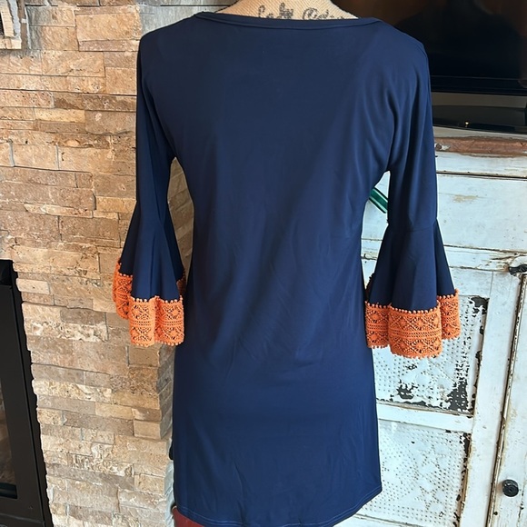 Judith March navy straight line dress 3/4 orange crochet bell sleeves lined boho - Picture 5 of 16